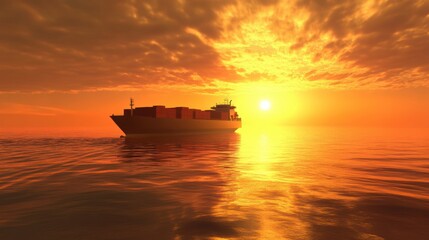 Obraz premium Cargo ship at sunset over calm sea. Possible use for stock photos