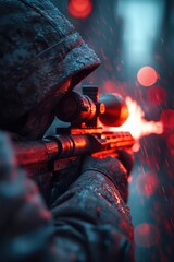 Soldier aims sniper rifle in rain-soaked urban environment at night with dramatic lighting effects