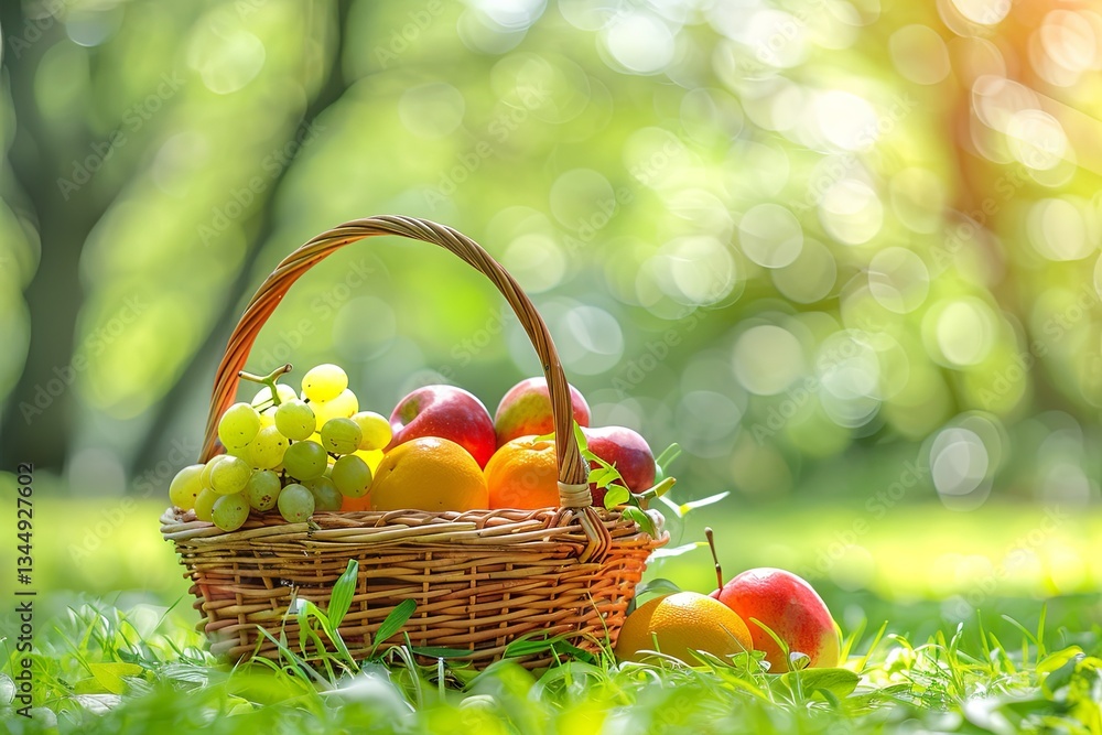 Aufkleber colorful fruit basket on the grass for a delightful picnic experience in a sunny park setting genera