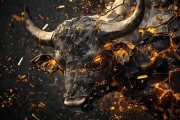 Obraz premium A detailed depiction of a metallic bull with golden highlights