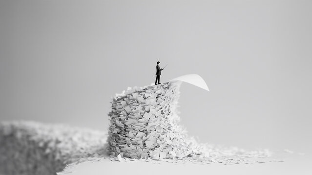 A wave of office paper symbolizes bureaucracy and swallows a businessman. Bureaucracy dismantle - danger concept.