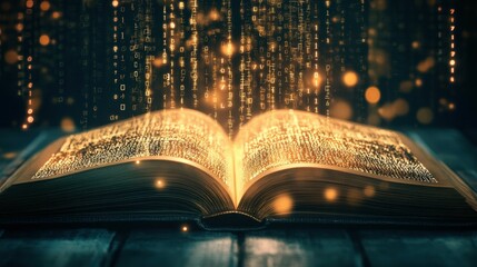 An open book with its pages aglow, radiating a soft light, Image of a book with its pages transforming into binary numbers, AI Generated