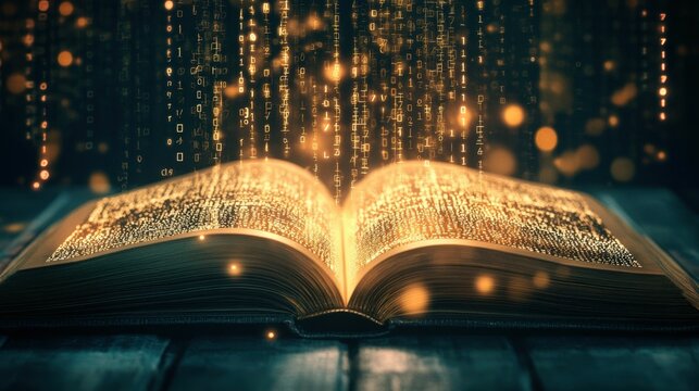 An open book with its pages aglow, radiating a soft light, Image of a book with its pages transforming into binary numbers, AI Generated