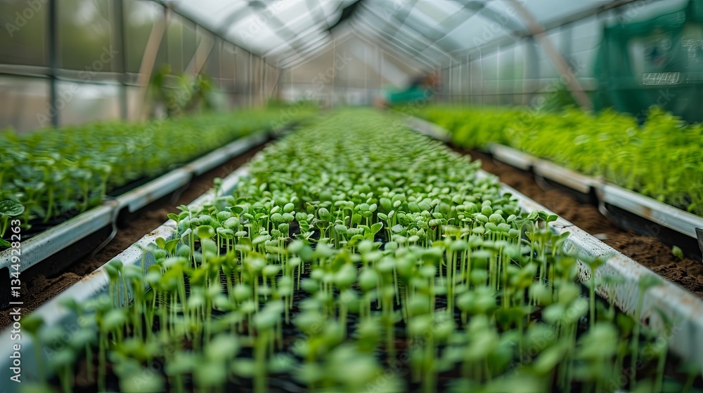 Aufkleber rows of microgreens thriving under advanced drip irrigation in a well-maintained greenhouse environm