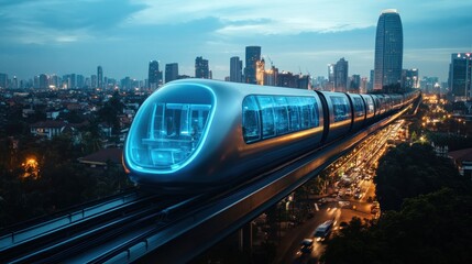 Naklejka premium A futuristic elevated train glides over a vibrant city at twilight