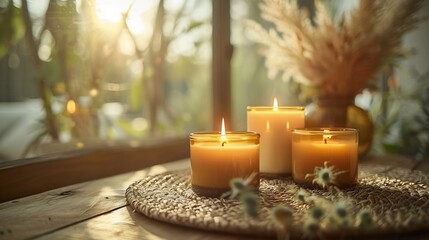 Handmade eco friendly candles glass jars warm minimalist composition with copy space