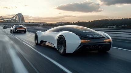 Autonomous cars driving on a highway. The cars are equipped with sensors that allow them to navigate safely and efficiently.