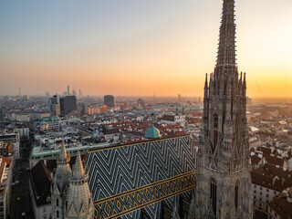 St. Stephen's Cathedral towering over Vienna at sunset, aerial view