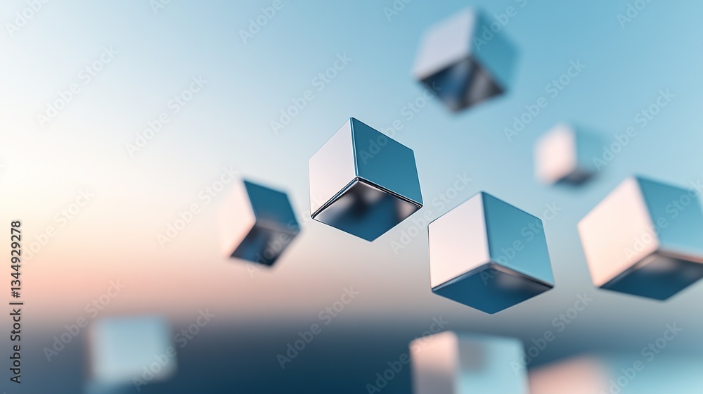 Poster abstract cubic structures floating above a soft gradient of silver and blue