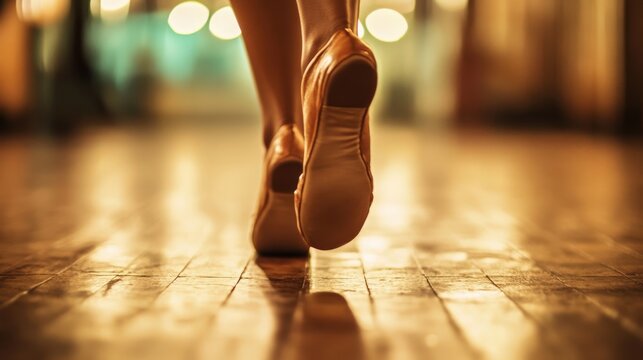 Close up of dancer walking on a wooden dance floor