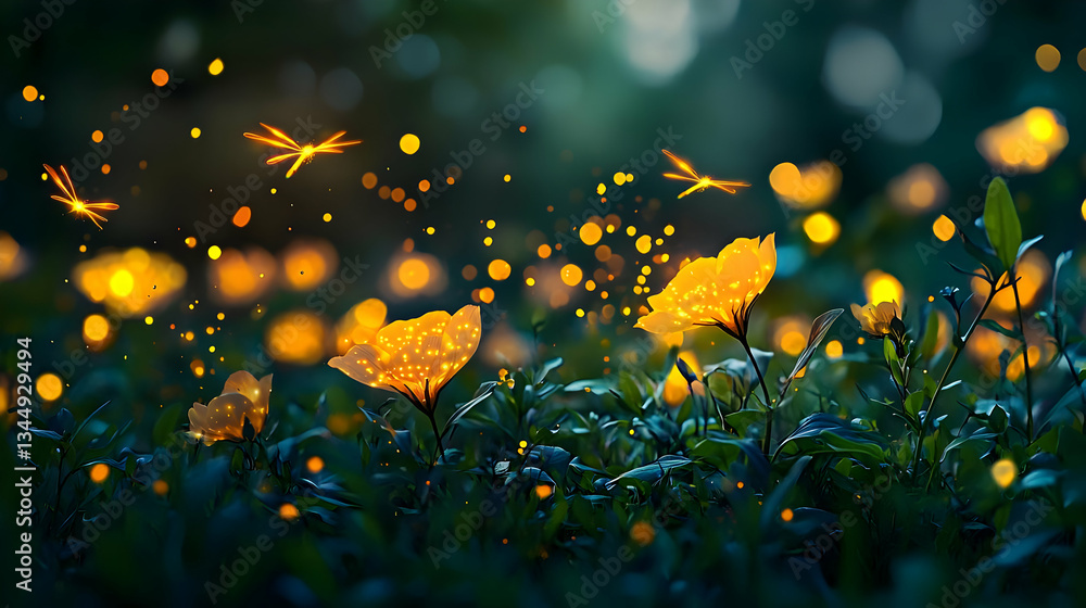 Poster glowing fireflies hovering over pixelated flowers in a dark green field with bokeh lights