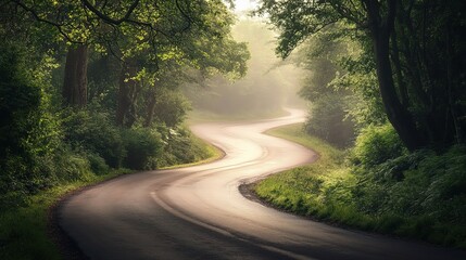Obraz premium Winding Road Cutting Through Lush Green Forest in Soft Morning Light