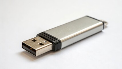 Silver USB Flash Drive on White Background