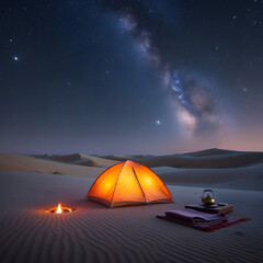 glowing tent in middle of sand dunes