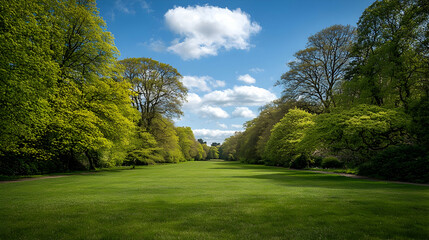 Lush Green Trees Framing A Grassy Field Under A Bright Blue Sky With Fluffy White Clouds