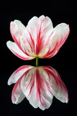 Red and white tulip with delicate petals reflected in calm water against a black background. Elegant Floral still life and natural botanical concept.
