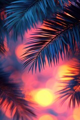 Vibrant sunset through tropical palm leaves creating a serene atmosphere on a warm evening
