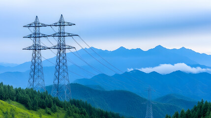 High-voltage towers stand tall against a misty mountain range