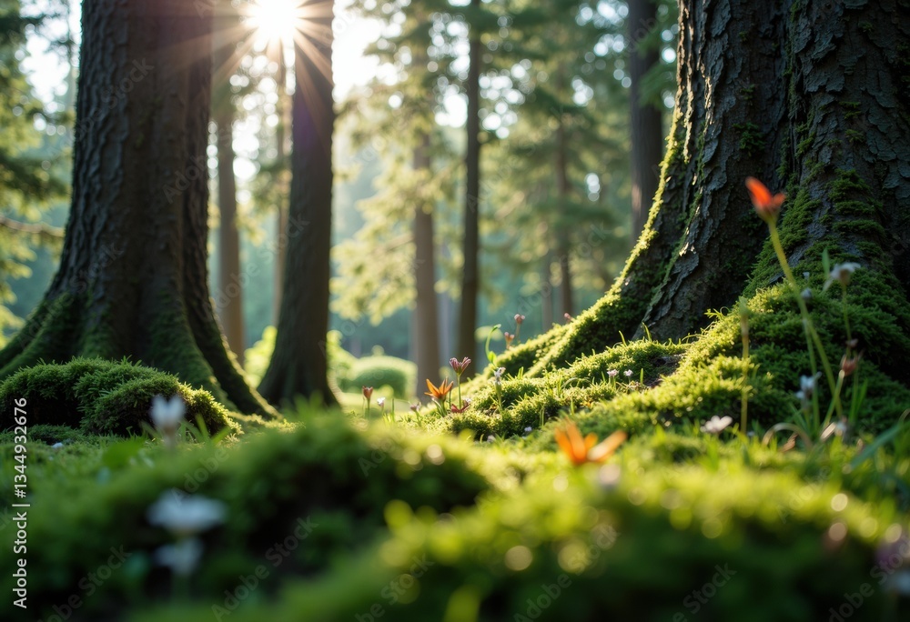 Poster sunlight filters through trees in a lush green forest, creating a serene atmosphere