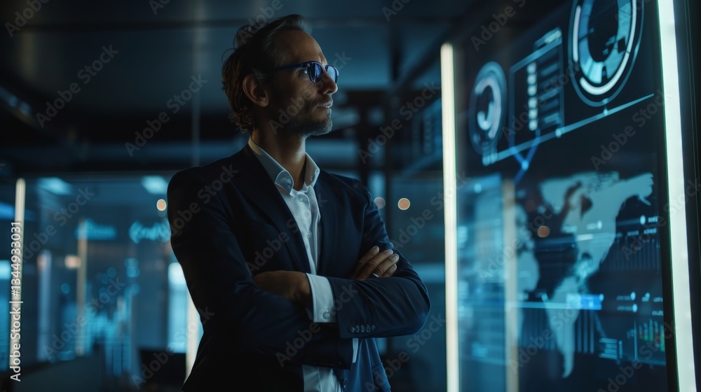 Poster professional examining digital data on interactive display in a