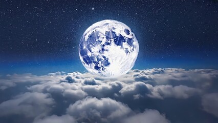 A serene moon above fluffy clouds in a starry night sky.