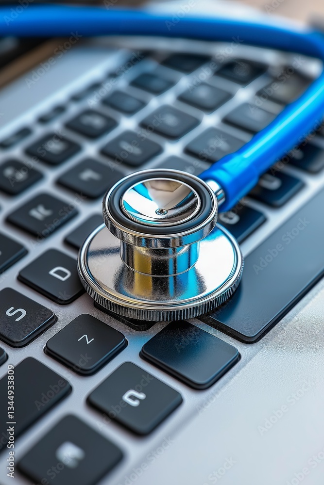 Poster modern healthcare concept showing stethoscope on laptop keyboard symbolizing digital diagnostics, te