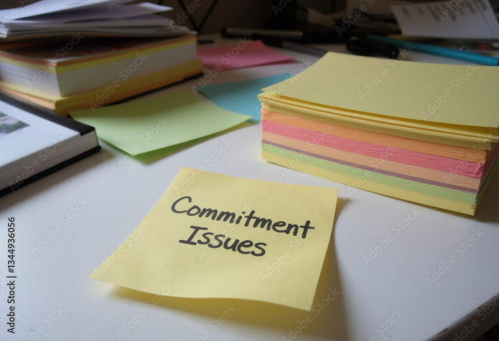 Poster sticky notes on a desk highlighting commitment issues in a workspace