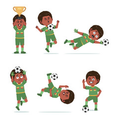 Cute African Black Boy with Afro Hair cartoon Character Playing Football