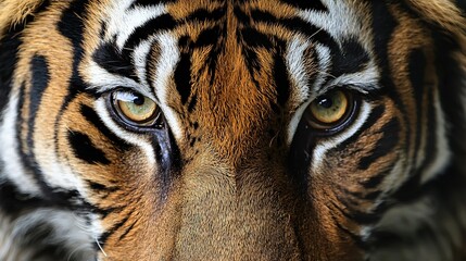   A tiger's face in close-up, adorned with a black-and-white striped chest and piercing yellow eyes