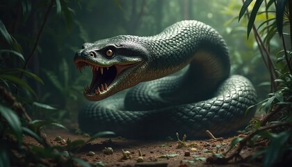 Angry Titanoboa snake in jungle. Paleontology reptile with open mouth shows fangs. Extinct giant prehistoric boa anaconda creature evolution carnivore from South America is dangerous wildlife.