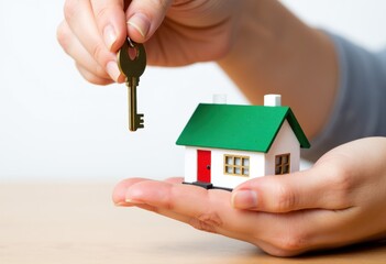 A person holding a small house model and a key, symbolizing home ownership
