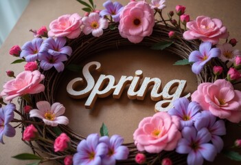 Beautiful spring wreath adorned with pink and purple flowers and the word Spring