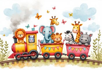 Obraz premium A colorful train filled with cute animals, including a lion, elephant, and giraffes