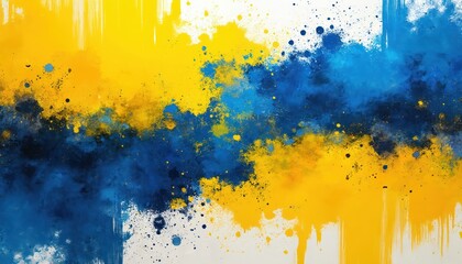 Fototapeta premium Ukraine themed grunge illustration of ink splatters in yellow and blue. Artistic dirty brush elements on paint texture. Splashing colorful stain design with vintage creative decorative art details.