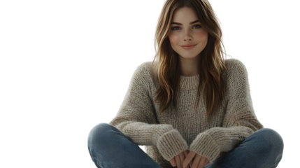 Comfortable and Relaxed A Woman in a Cozy Sweater Sitting CrossLegged Against a Black Backgro