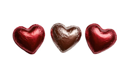 Red heart shaped chocolate candies wrapped in foil isolated on transparent background 