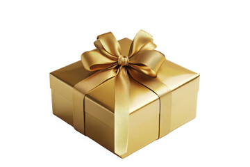 Photorealistic 3d render of a golden gift box with a shiny metallic surface and elegant satin ribbon bow as a festive present against a isolated on transparent background