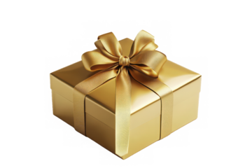 Photorealistic 3d render of a golden gift box with a shiny metallic surface and elegant satin ribbon bow as a festive present against a isolated on transparent background