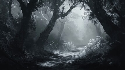 Obraz premium Enchanted Forest Path with Ethereal Light Filtering Through Dense Trees and Mist