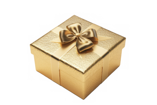 Photorealistic 3d render of a golden gift box with a shiny metallic surface and elegant satin ribbon bow as a festive present against a isolated on transparent background
