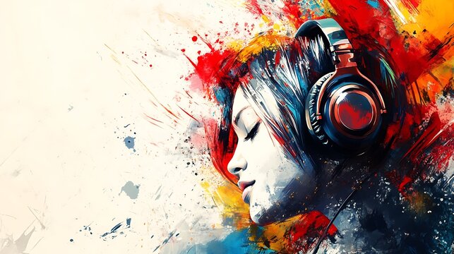 Woman listening to music with colorful background art