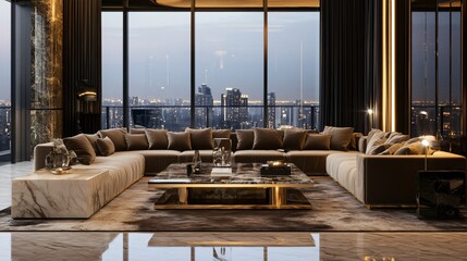 Luxury Penthouse Living Room:  a high-end living room with floor-to-ceiling windows, plush velvet sofas, marble accents, and designer lighting, capturing the sophistication of a luxury penthouse