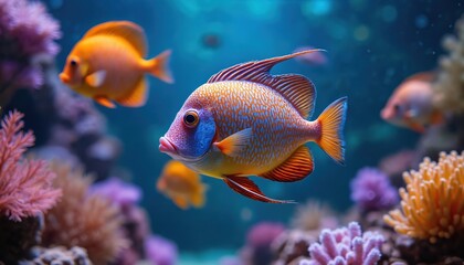 Fototapeta premium Aquarium fish swim among algae, stones, corals, underwater plants. Colorful orange fish in blue water with coral reef landscape, perfect for wallpaper, background and postcards.