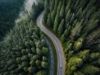 Scenic Aerial View of a Winding Mountain Road Through a Dense Forest