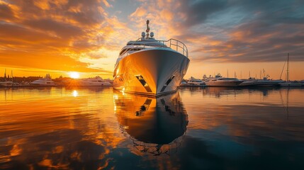 Fototapeta premium Luxury yacht at sunset harbor marina. Beautiful reflection. Possible stock photo use