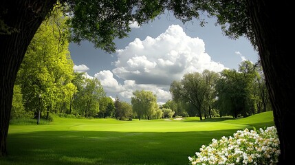 Obraz premium Lush green golf course under a cloudy sky