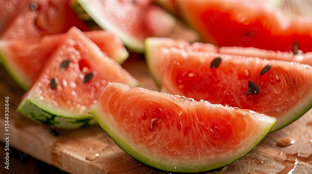 Poster fresh watermelon slices on a wooden cutting board with summer vibes and natural lighting generative 