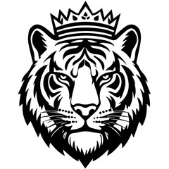 Monochrome Graphic of a Crowned Tiger Head with Detailed Stripes