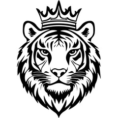 Monochrome Graphic of a Crowned Tiger Head with Detailed Stripes