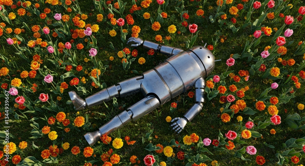 Poster white humanoid robot lying in a meadow of colorful flowers symbolizing artificial intelligence and n